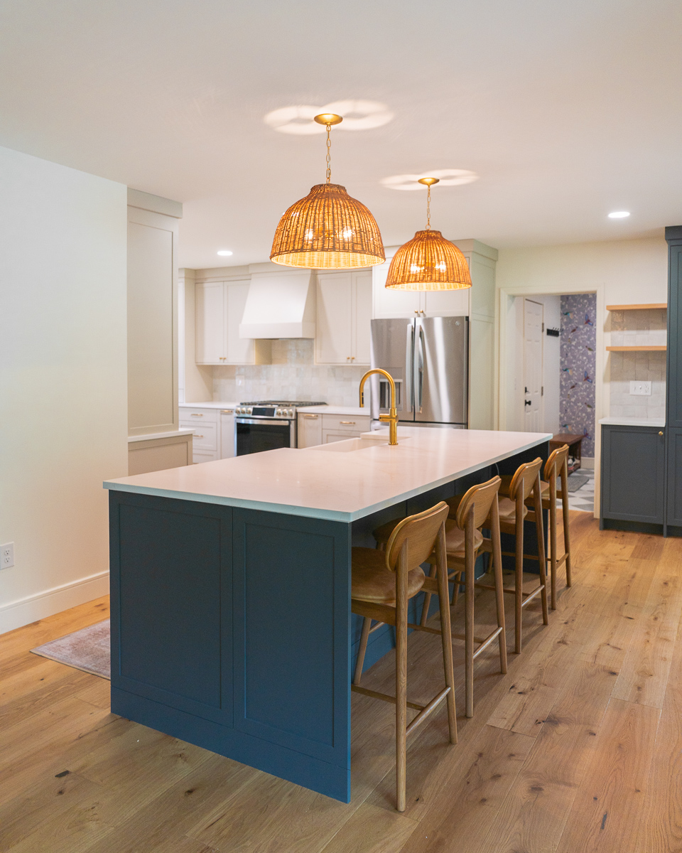 A dark blue custom cabinet kitchen island