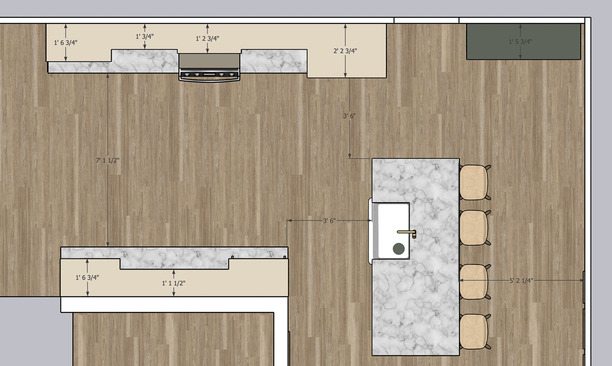 The new kitchen layout with a big island